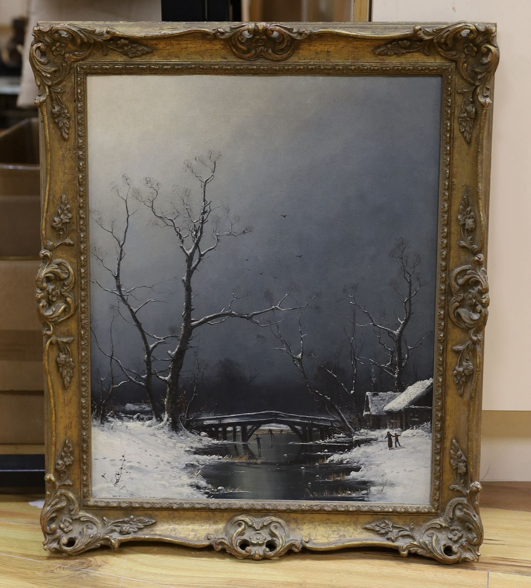 Nils H. Christiansen (Danish, 1850-1922), oil on canvas, Skaters beside a bridge, signed, 53 x 42cm